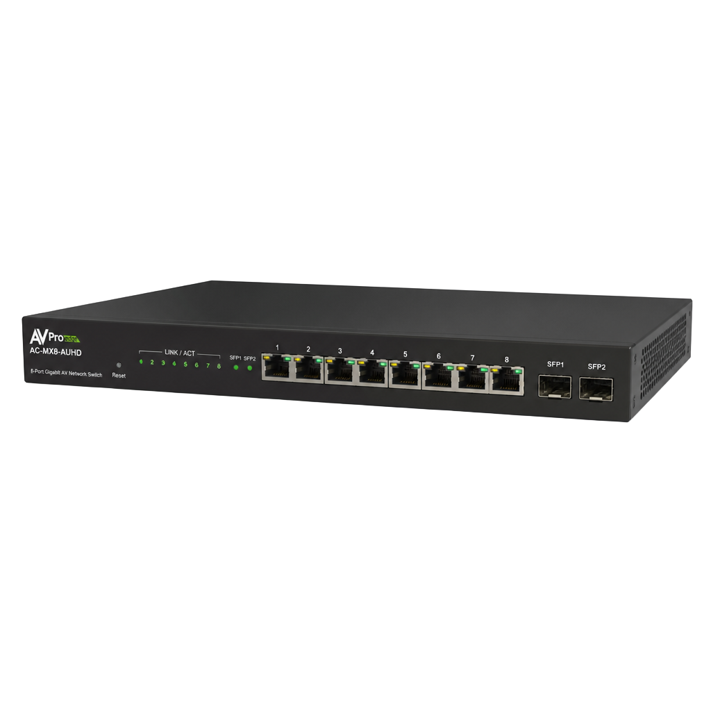 Flacher AV-Switch mit acht Gigabit-Ports und zwei SFP-Plätzen